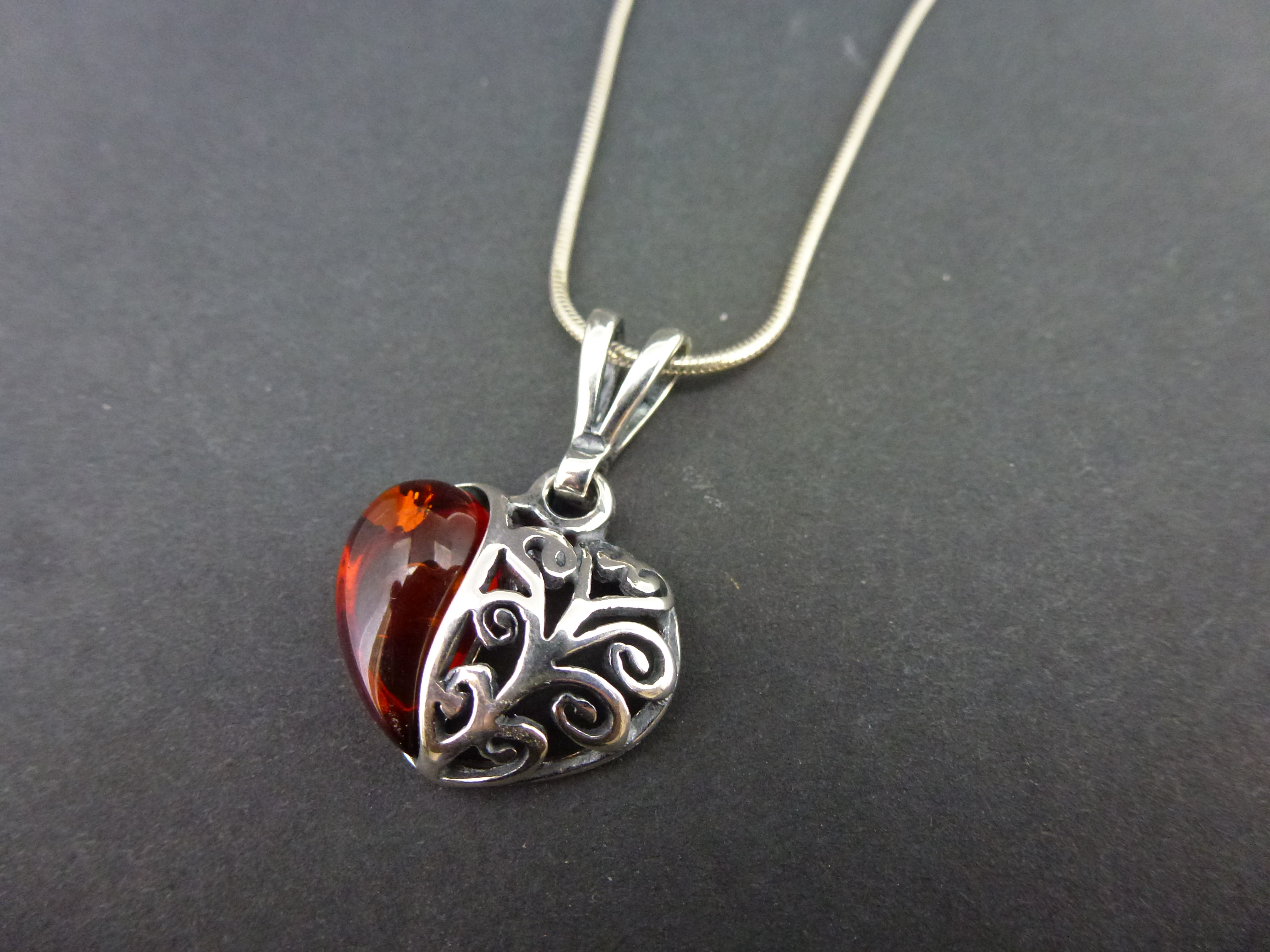 Decorative Sterling Silver with Baltic Amber Heart Pendant & 16 inch Sterling Silver Snake Chain